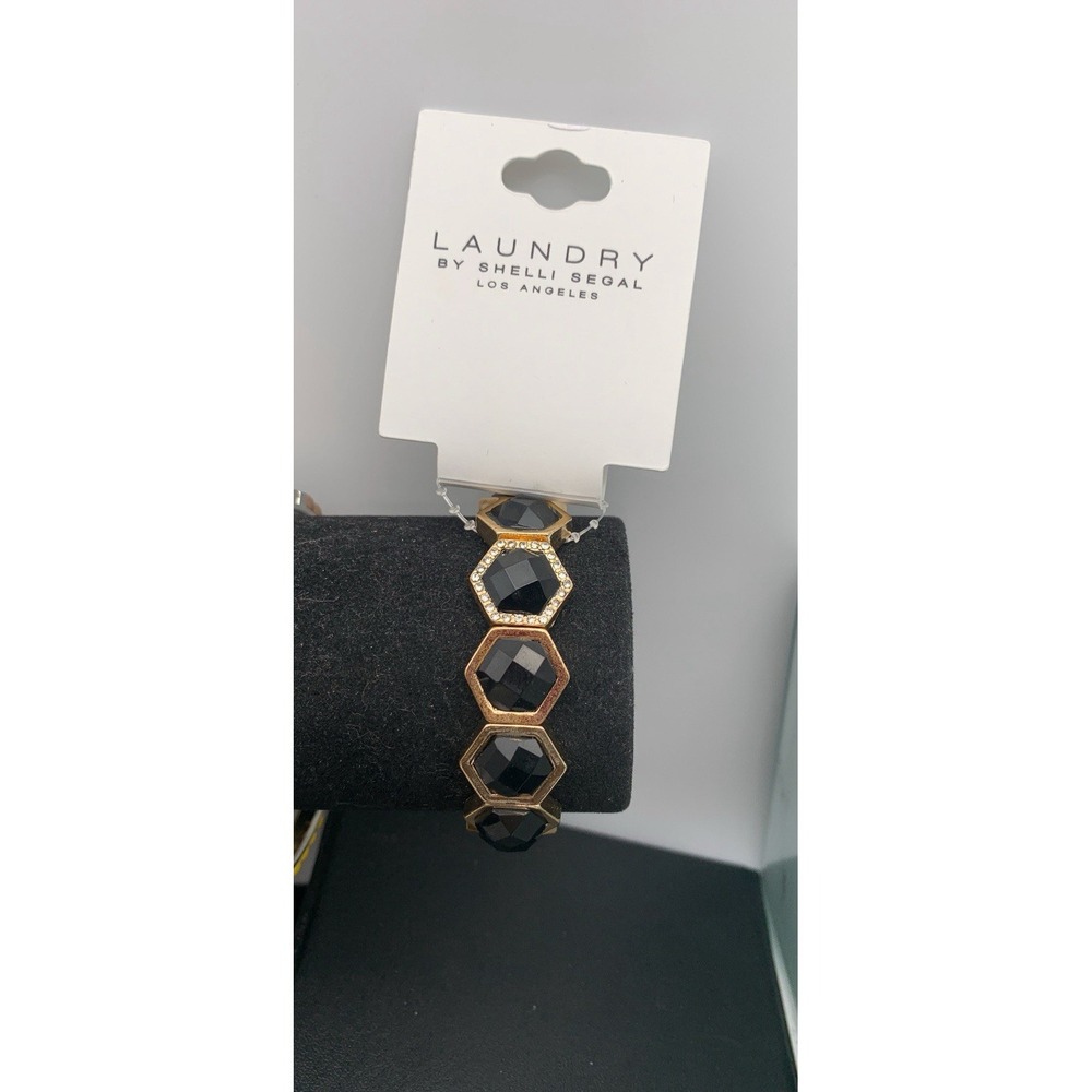 NWT Laundry By Shelli Segal Stretch Black And Gold Tone Rhinestone Bracelet